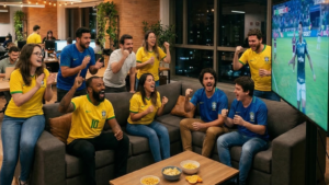 Times de alta performance comorando gol em um jogo de futebol